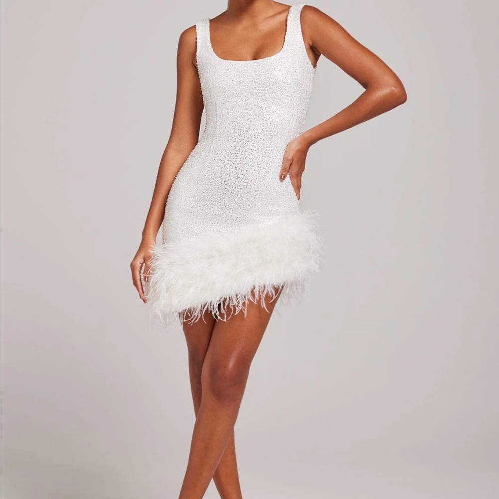 NADINE MERABI White Mini Dress with Feather Detail - Picture 2 of 8